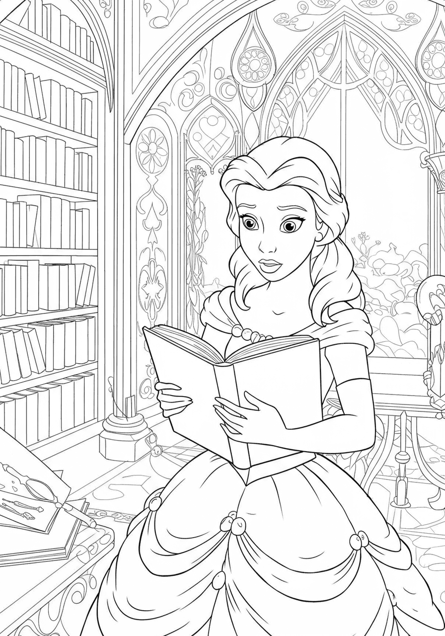 Belle reading in library