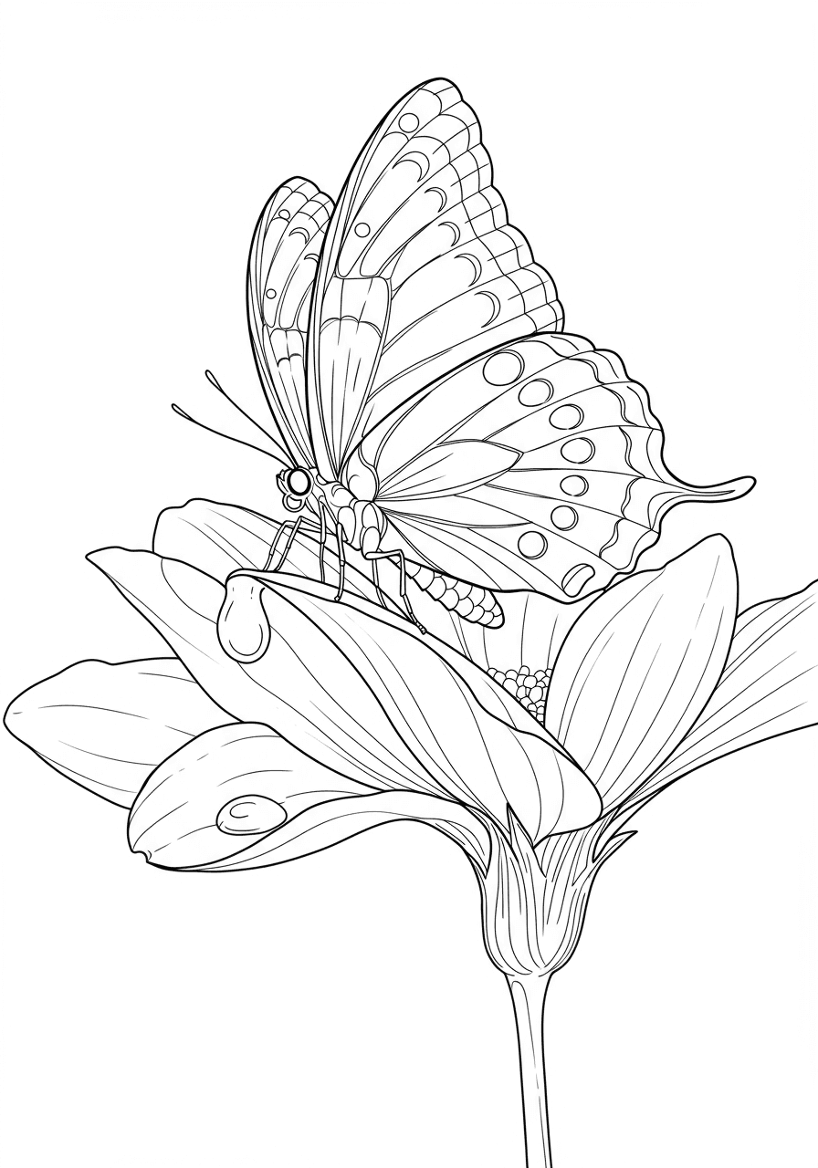 Butterfly on petal with dewdrop