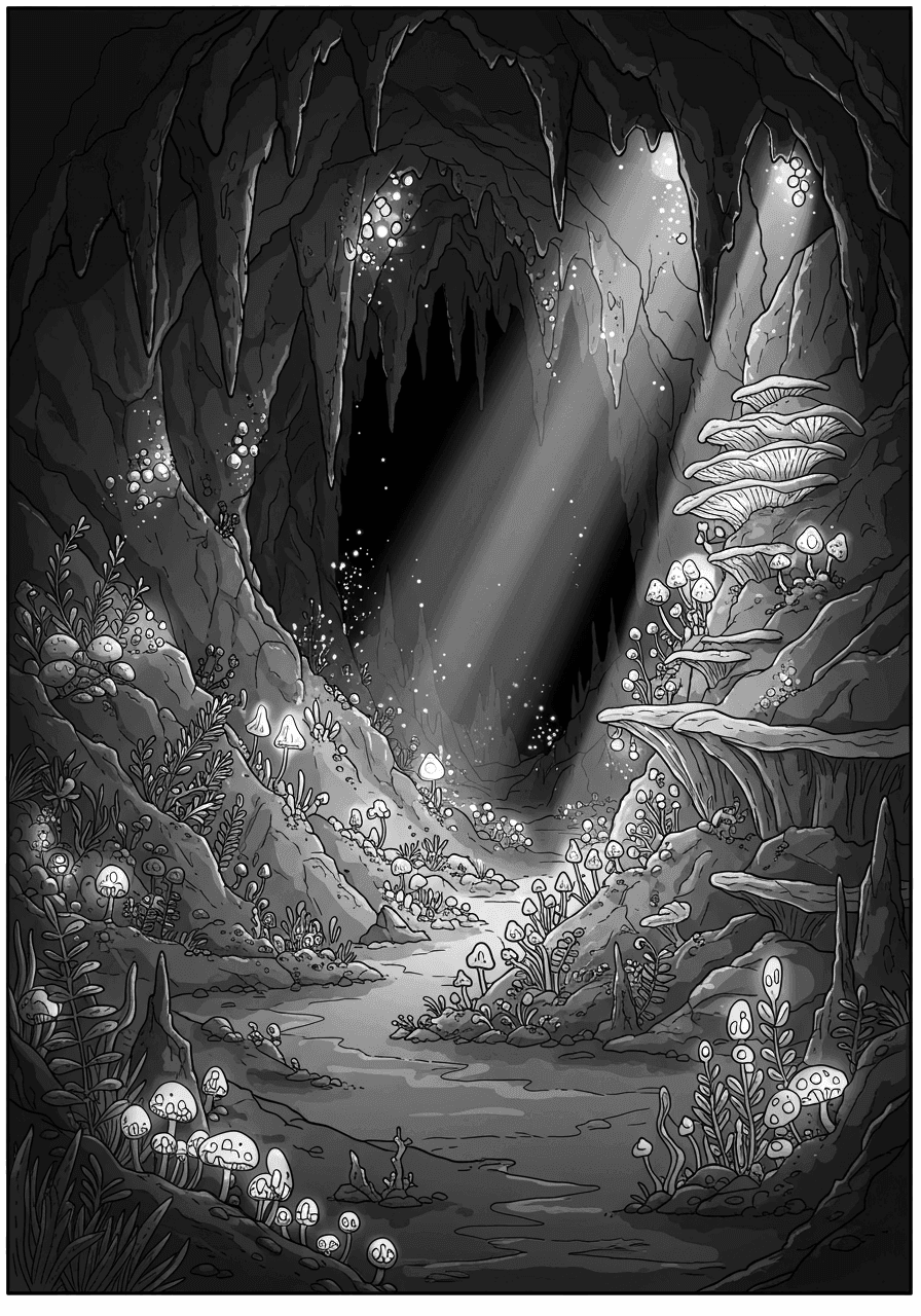 Intricate bioluminescent fungi cave