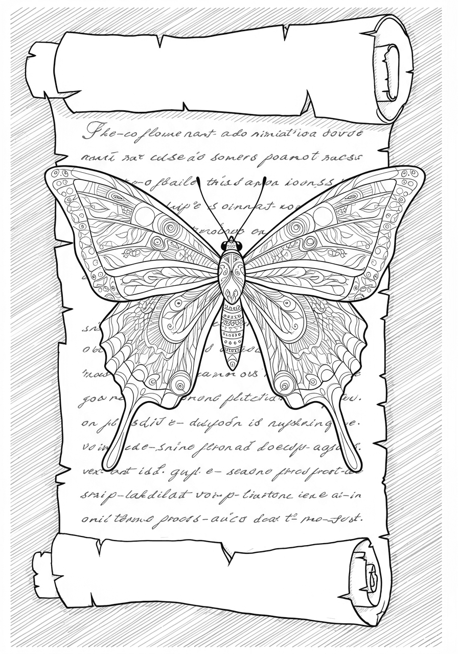 Intricate butterfly on ancient scroll