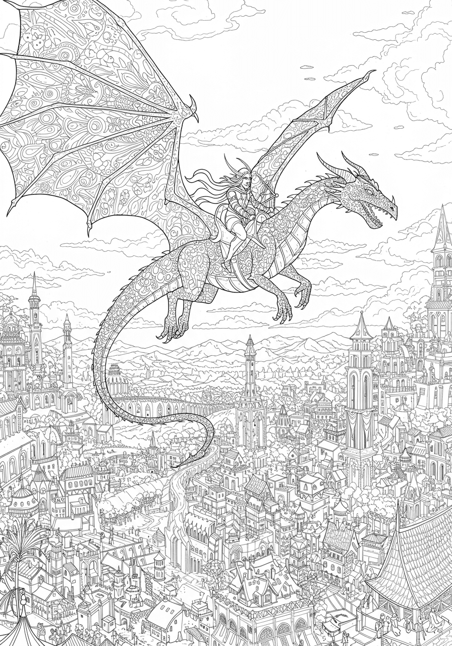 Intricate dragon rider over city