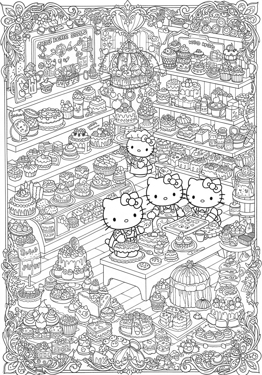 Intricate Hello Kitty bakery scene