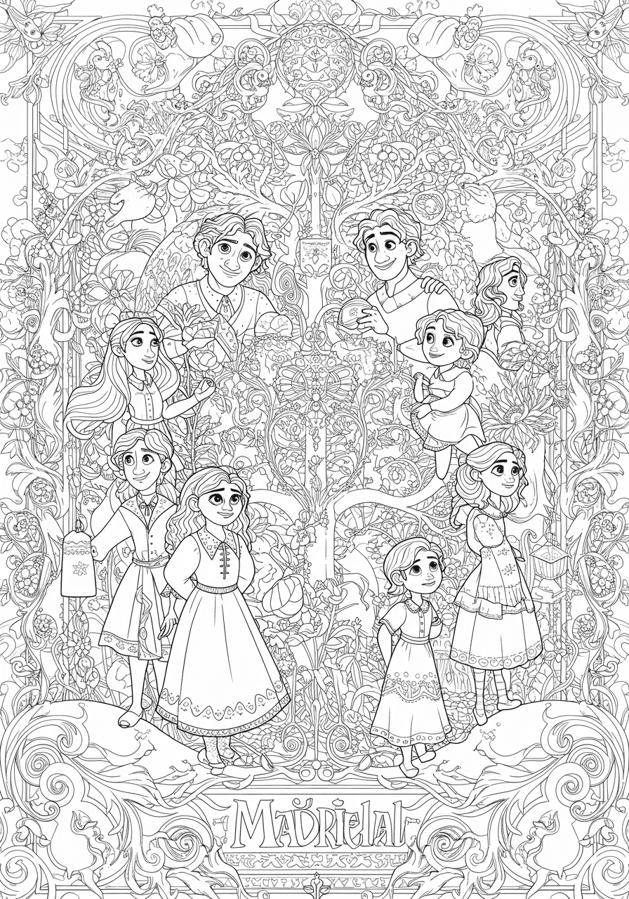 Intricate Madrigal family tree mural