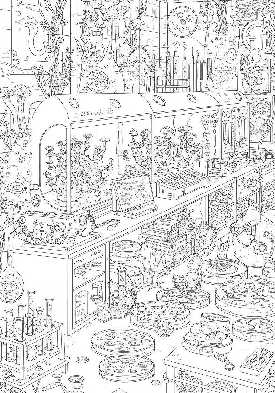 Intricate mushroom cultivation lab