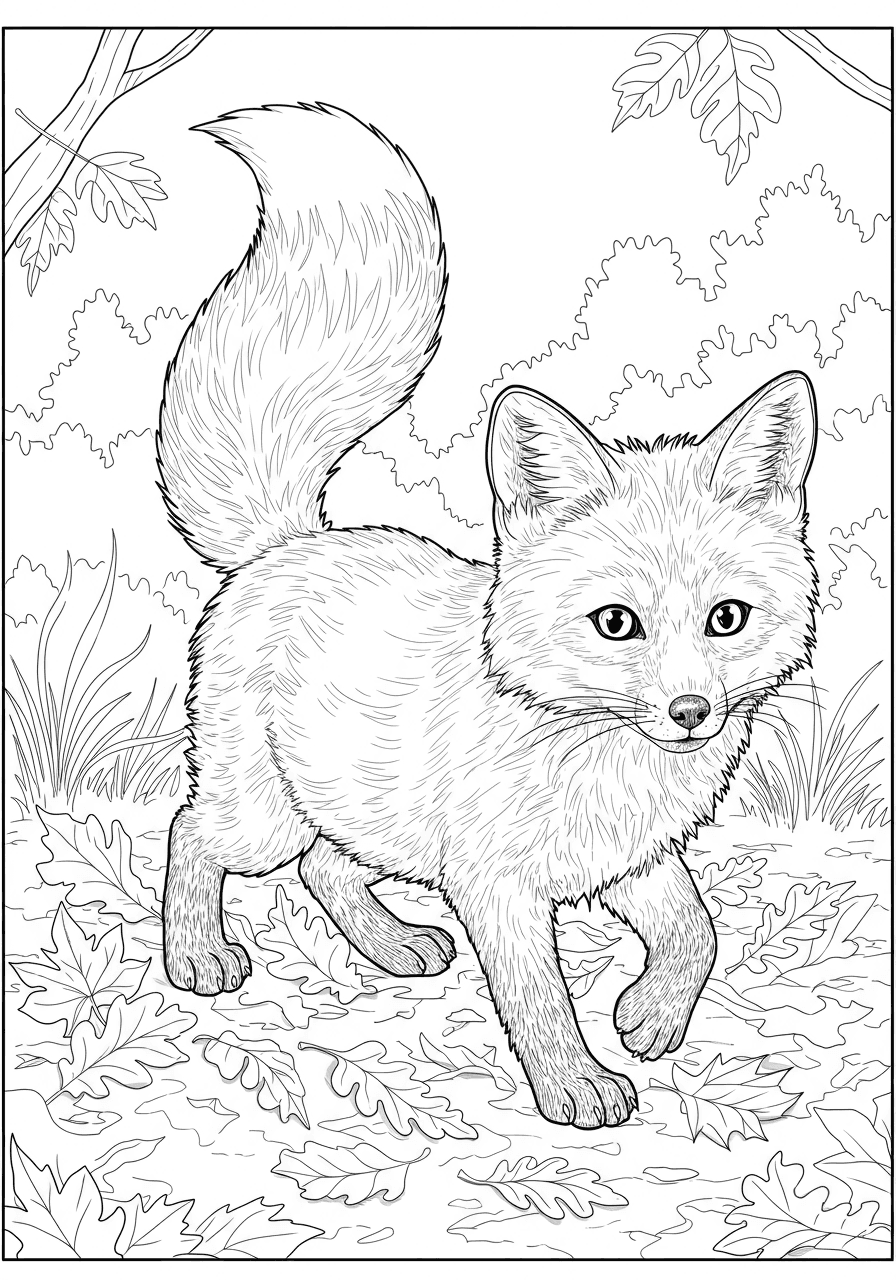 Fox cub in fallen leaves