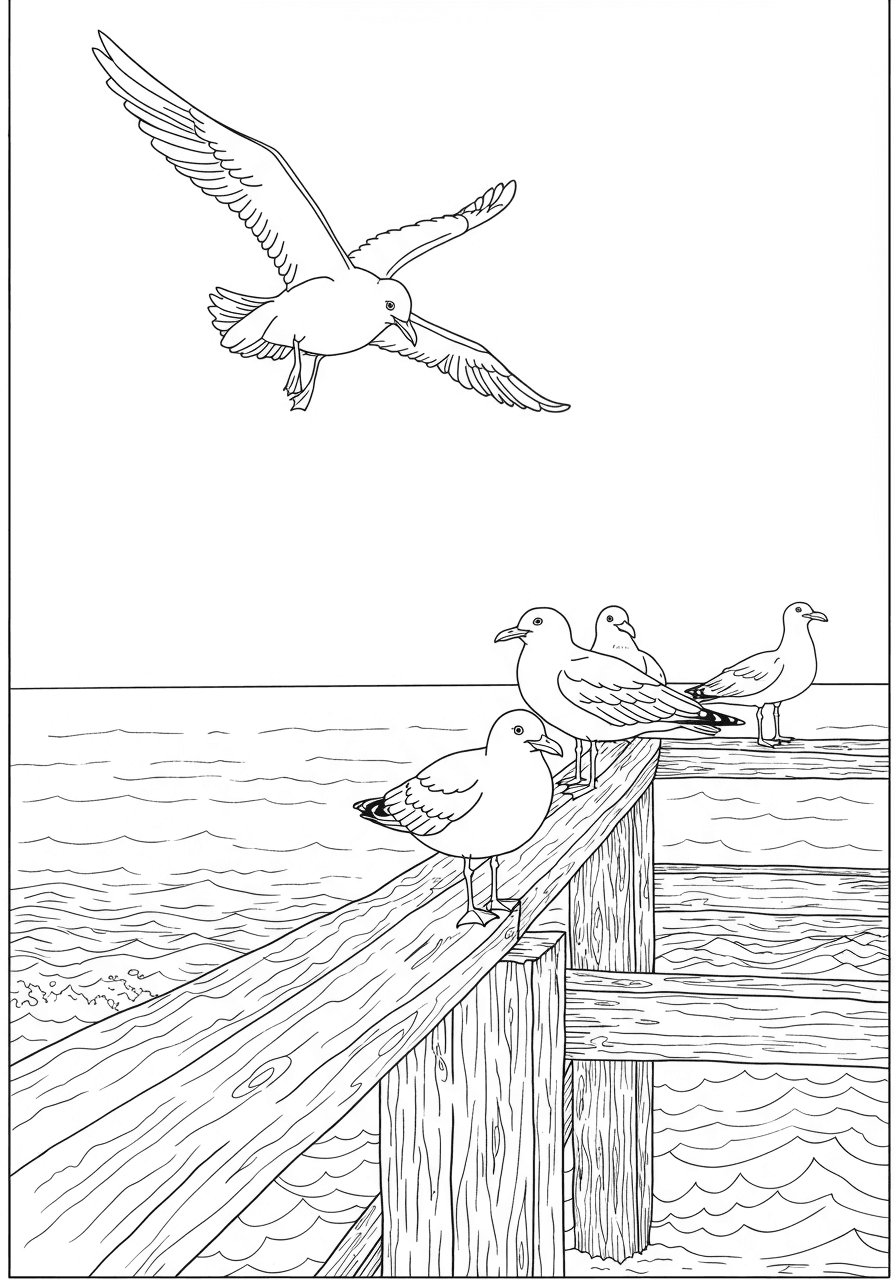 Seagulls on wooden pier