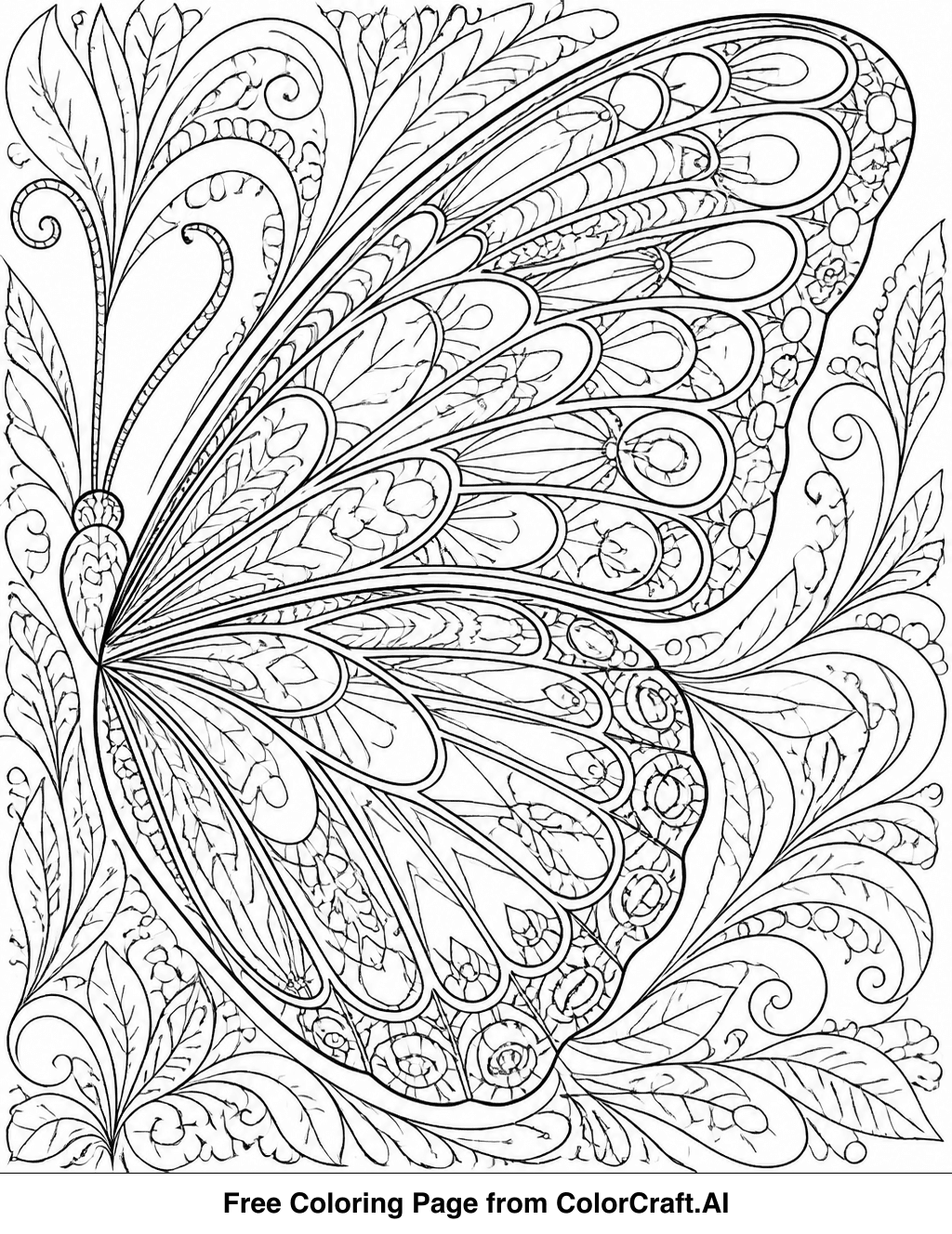 Intricate line drawing of an abstract butterfly wing, featuring detailed patterns and flowing shapes for coloring.