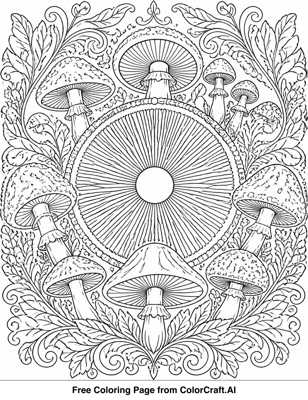 Intricate line drawing of a mushroom spore print pattern for coloring.