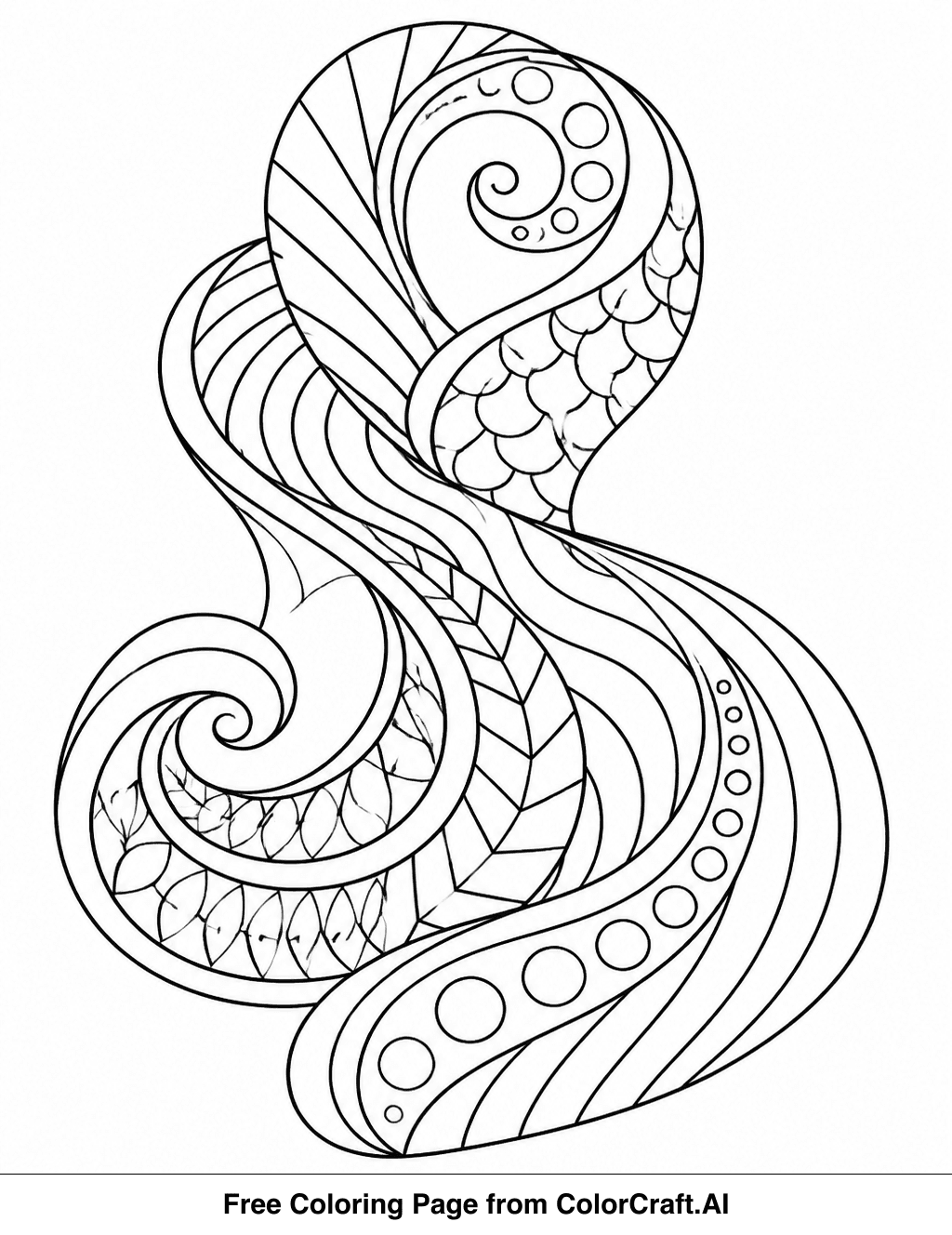A detailed black and white line drawing of a zentangle pattern with flowing abstract shapes and lines.