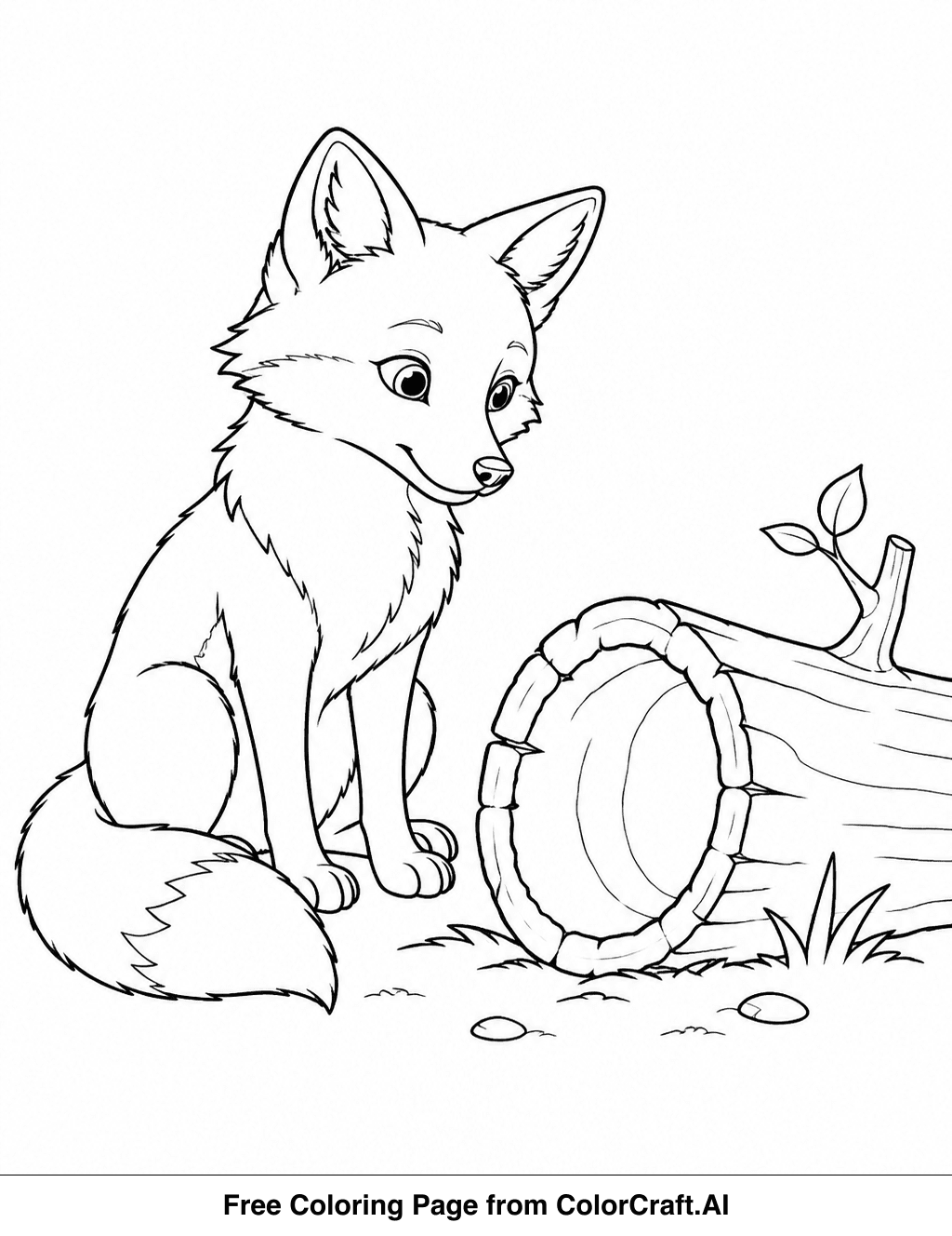Line drawing of a curious fox sitting next to a hollow log in a forest clearing, perfect for a coloring page.