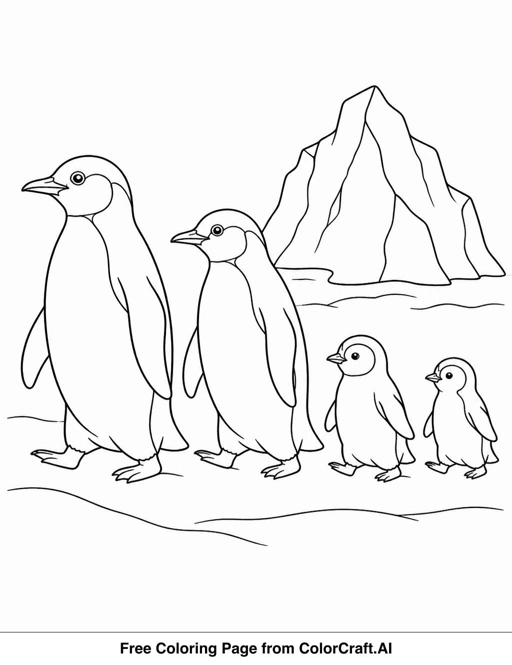 Line drawing of a penguin family waddling across a snowy field with a small iceberg behind them.