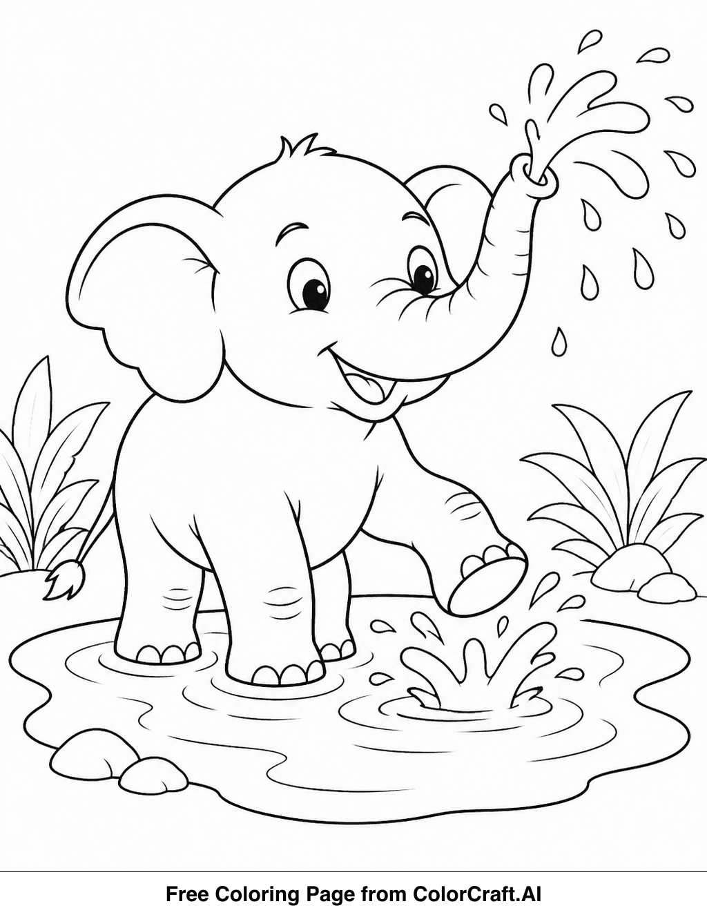 Line drawing of a happy baby elephant splashing water from a small jungle pond with its trunk.