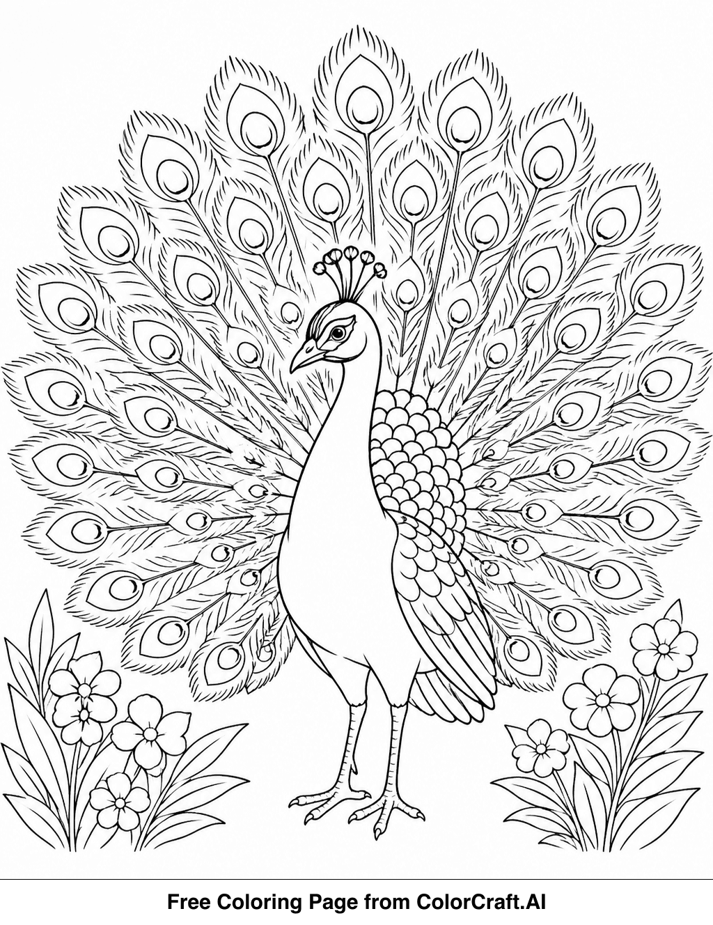Line drawing of a peacock with its large, fanned tail feathers spread wide in a garden.