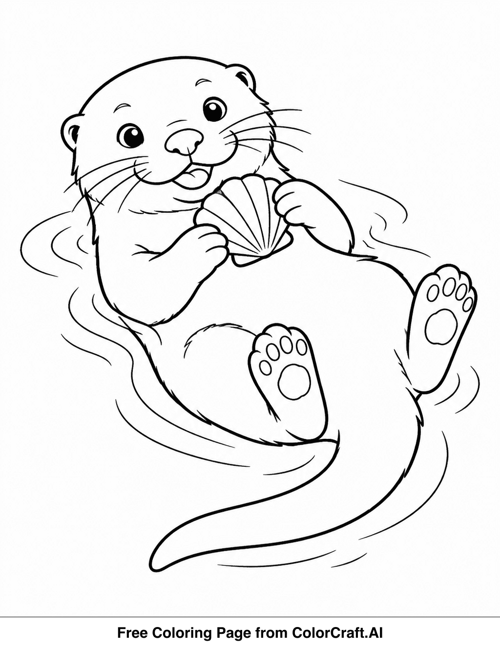 Line drawing of a playful otter floating on its back, holding a open clamshell.