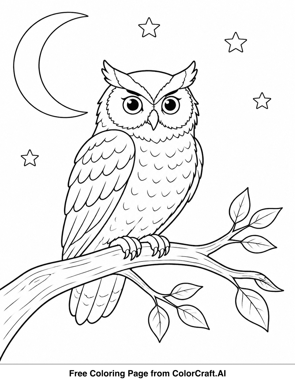Line drawing of a wise owl perched on a branch under a night sky with stars.