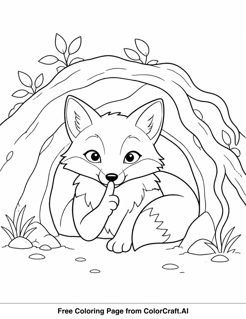Line drawing of a fox emerging from a den entrance surrounded by leaves and forest flora.