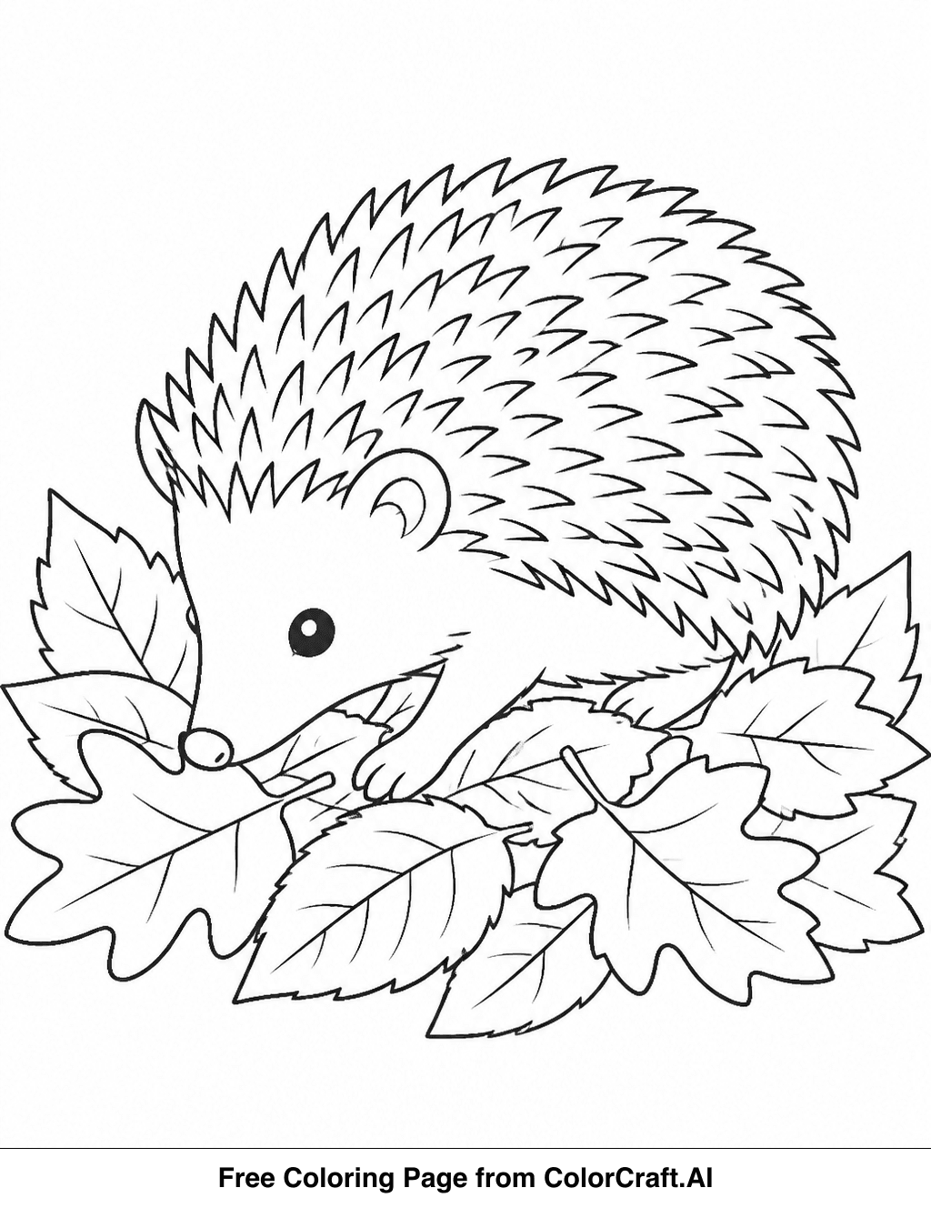 Line drawing of a cute hedgehog with quills, sniffing the ground amidst scattered leaves.
