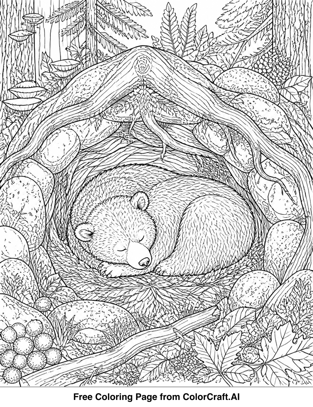 Intricate line drawing of a bear sleeping in its den, surrounded by natural elements.