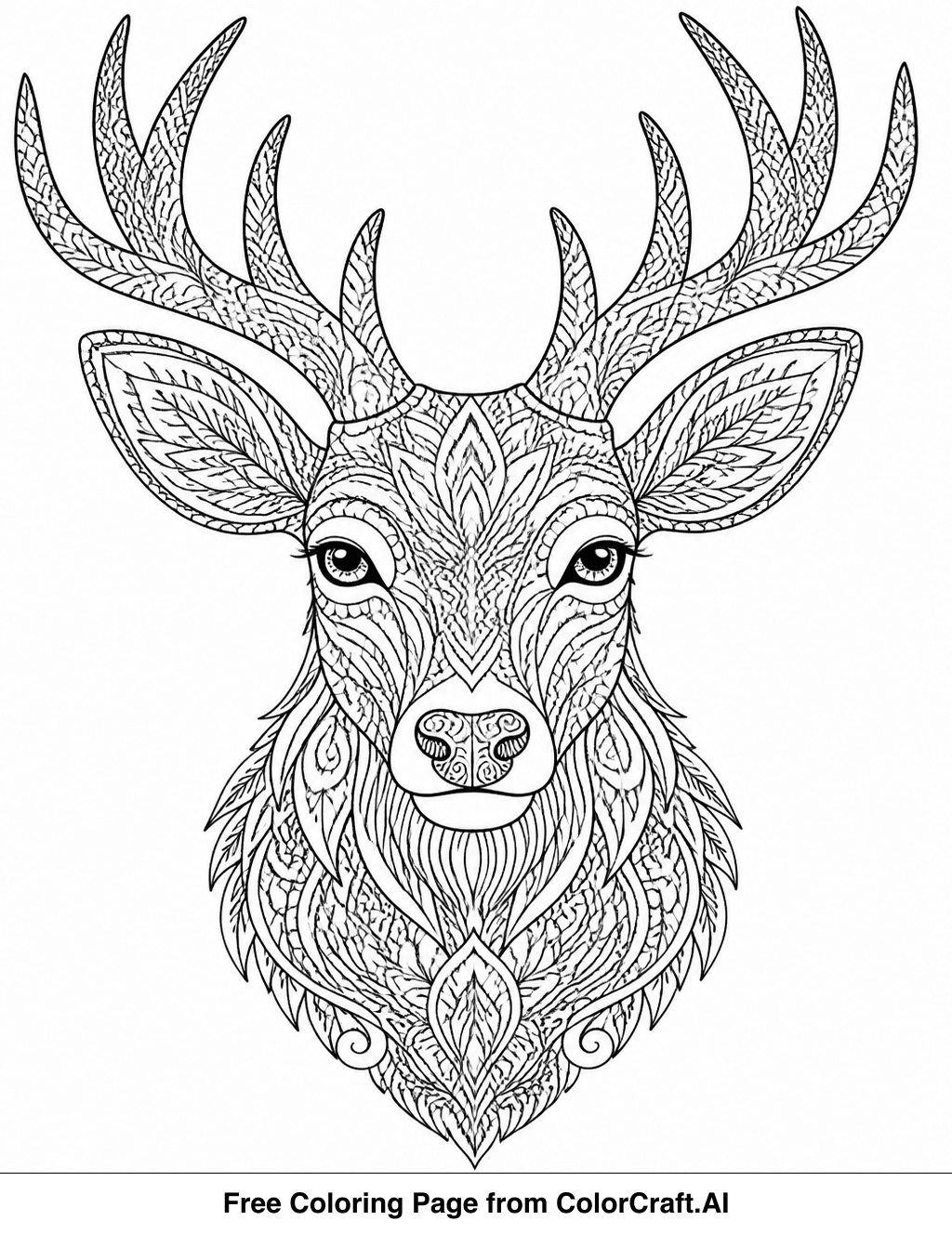 Intricate line art drawing of a deer head bust, ready for coloring.