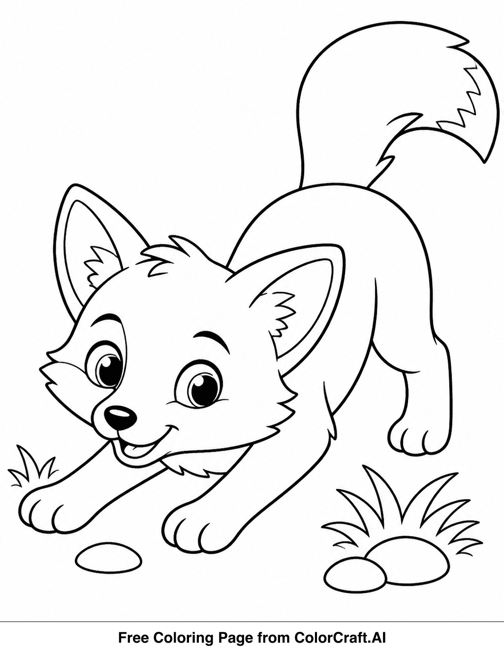 Line art drawing of a young fox cub with its tail up, looking alert and ready to play.