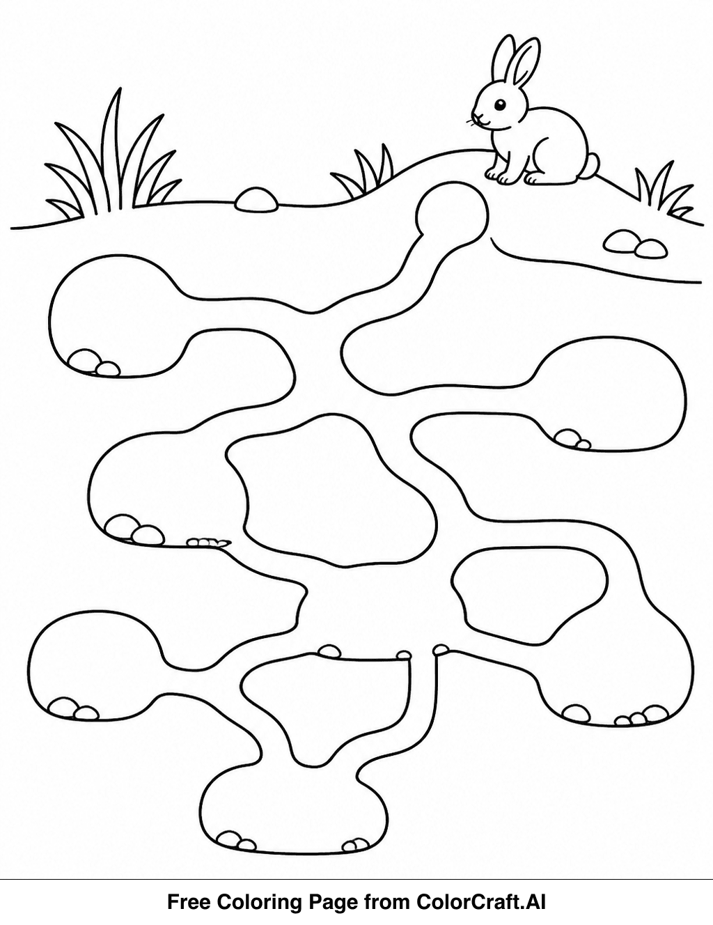 Line drawing of a complex rabbit warren with multiple entrances and tunnels underground.
