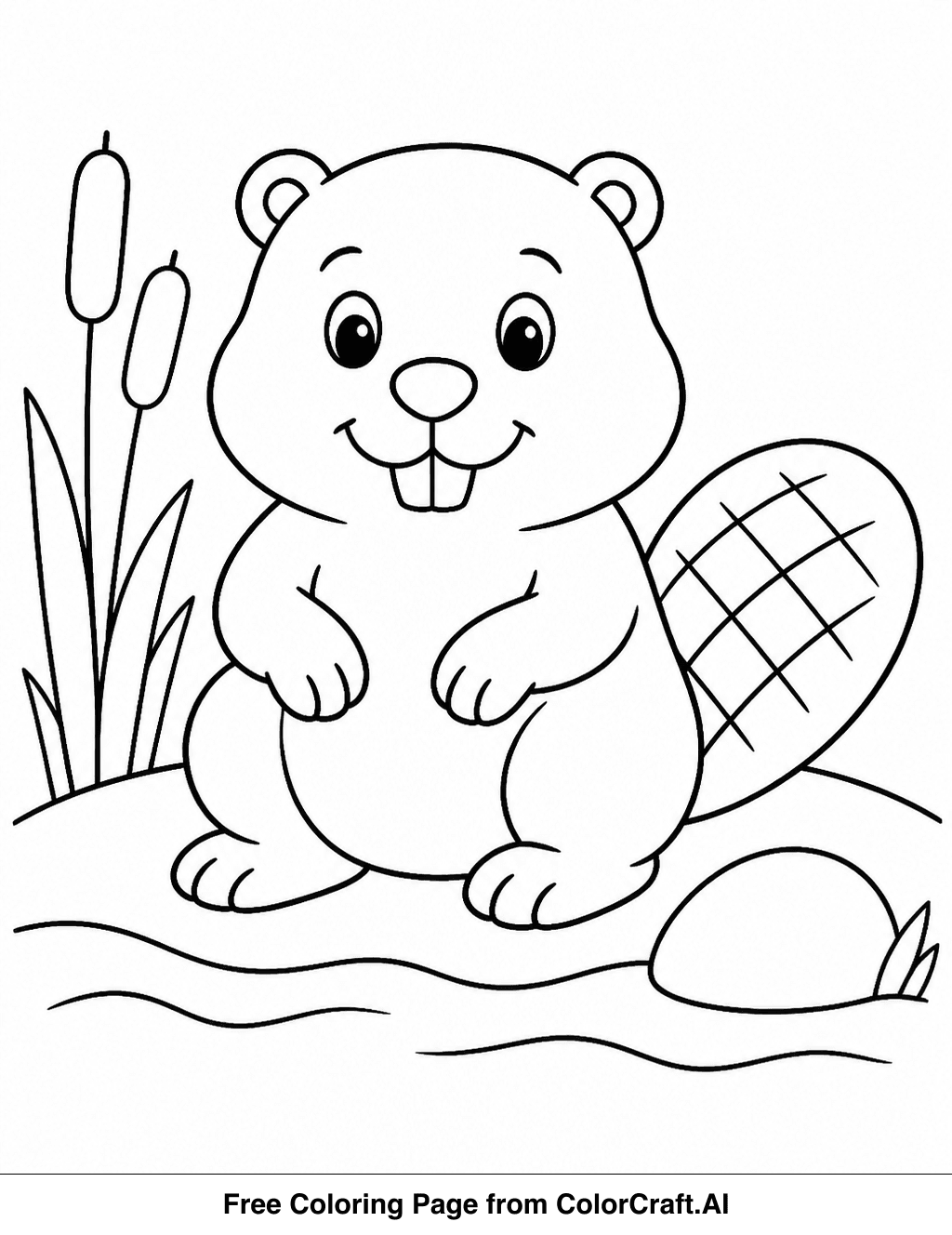 Line drawing of a happy beaver working on a dam made of sticks and logs in a woodland setting.
