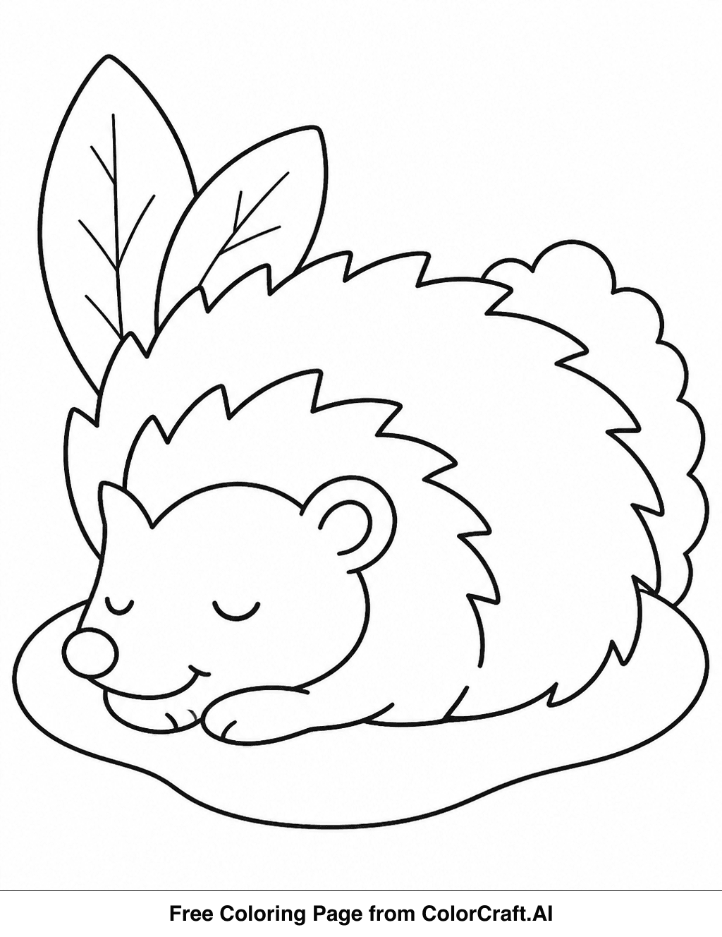 Line drawing of a cute hedgehog resting peacefully on the ground, simple design for coloring.