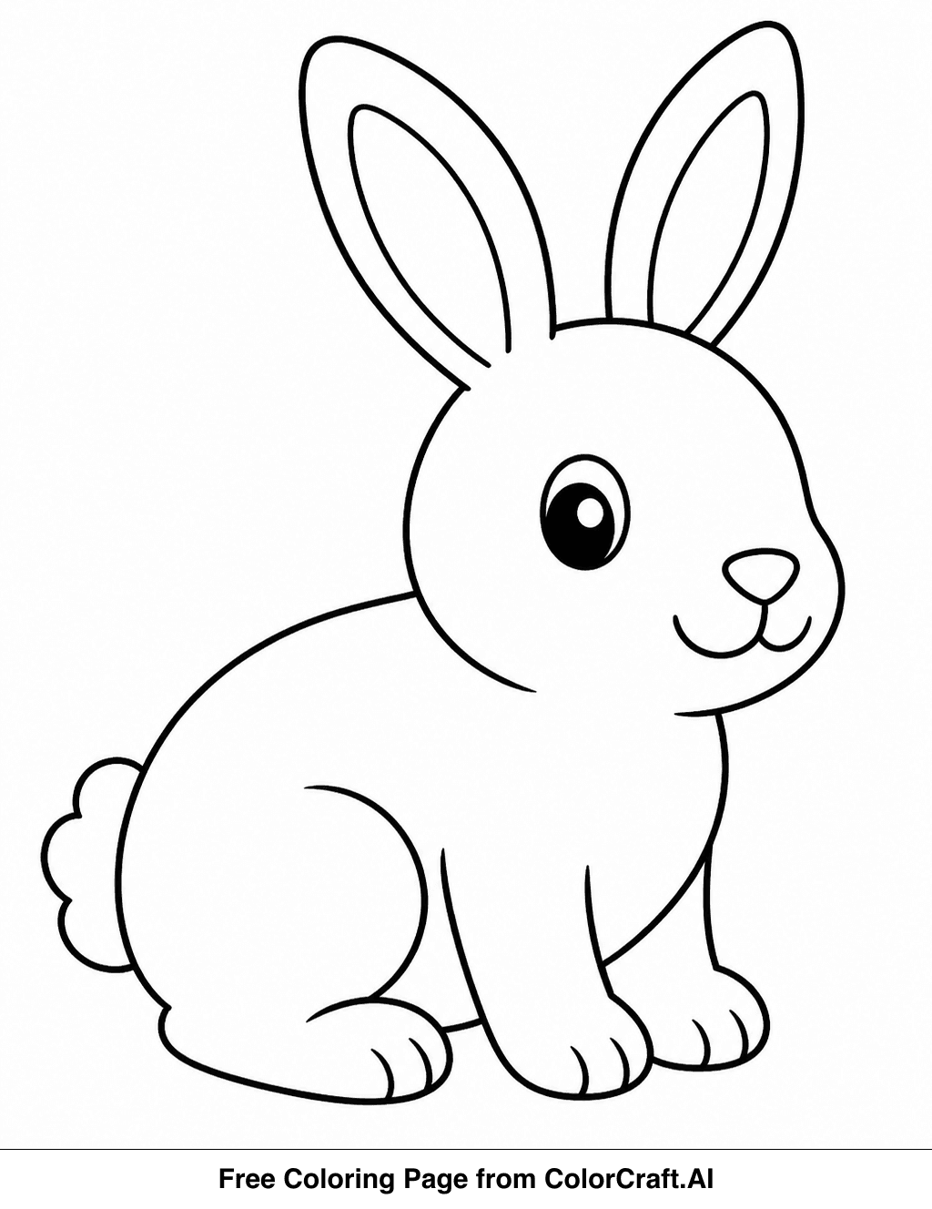 Line drawing of a happy rabbit with long ears, sitting in a grassy field with a few flowers.