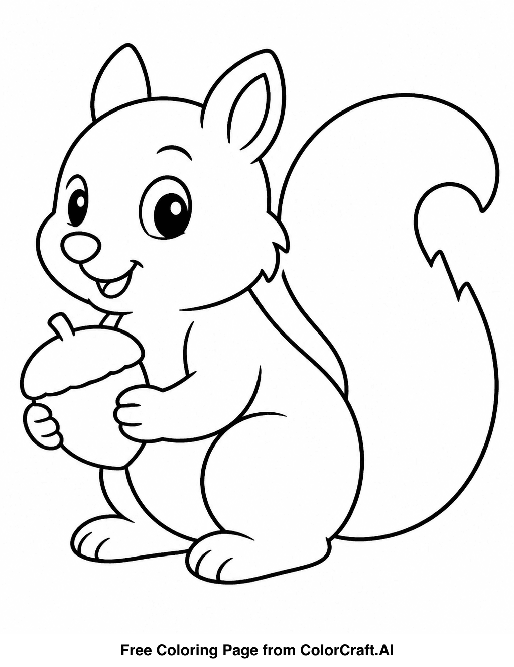 Line drawing of a simple squirrel character holding a large acorn, perfect for coloring.