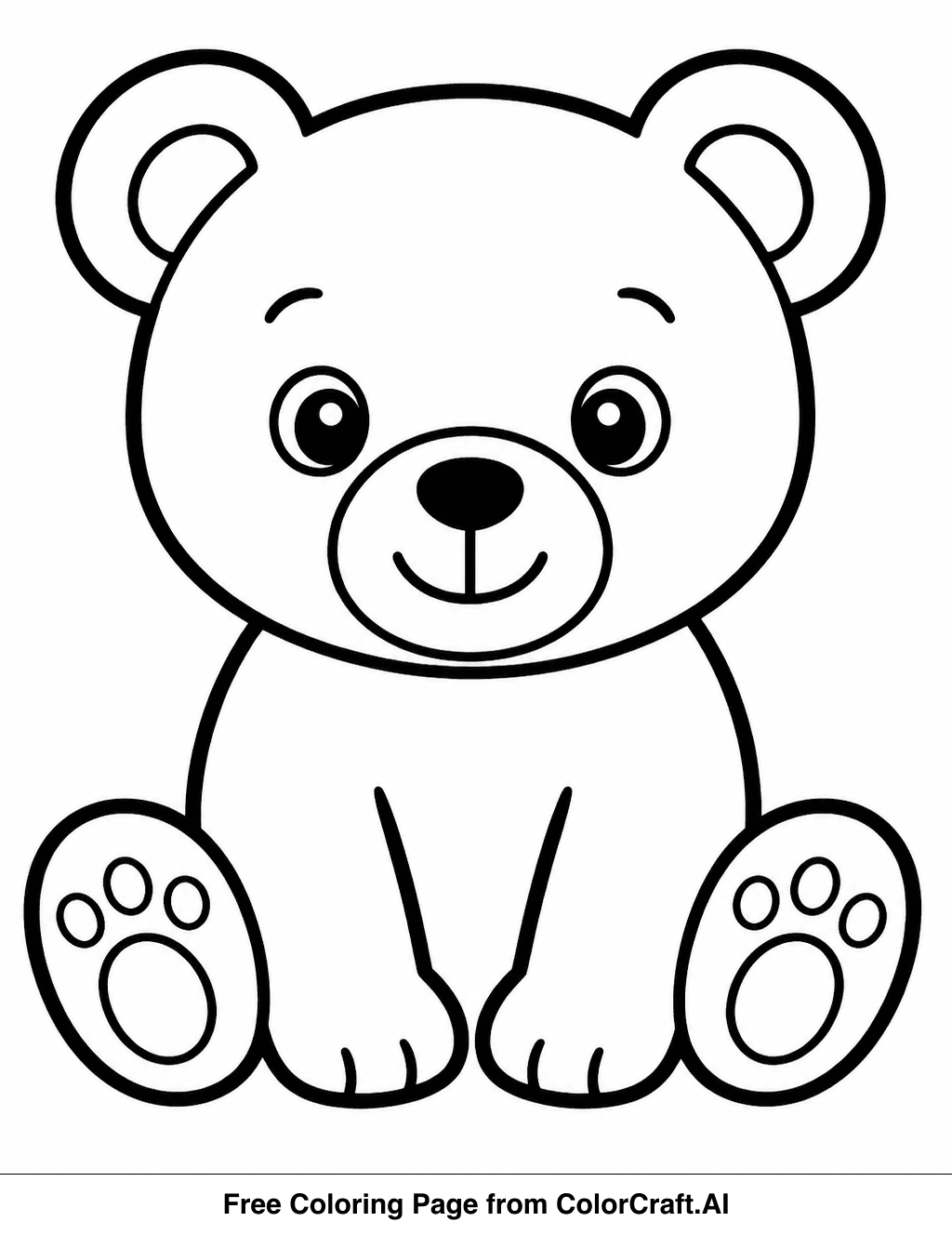 Line drawing of a cute bear cub sitting in grass, looking curious, perfect for coloring.