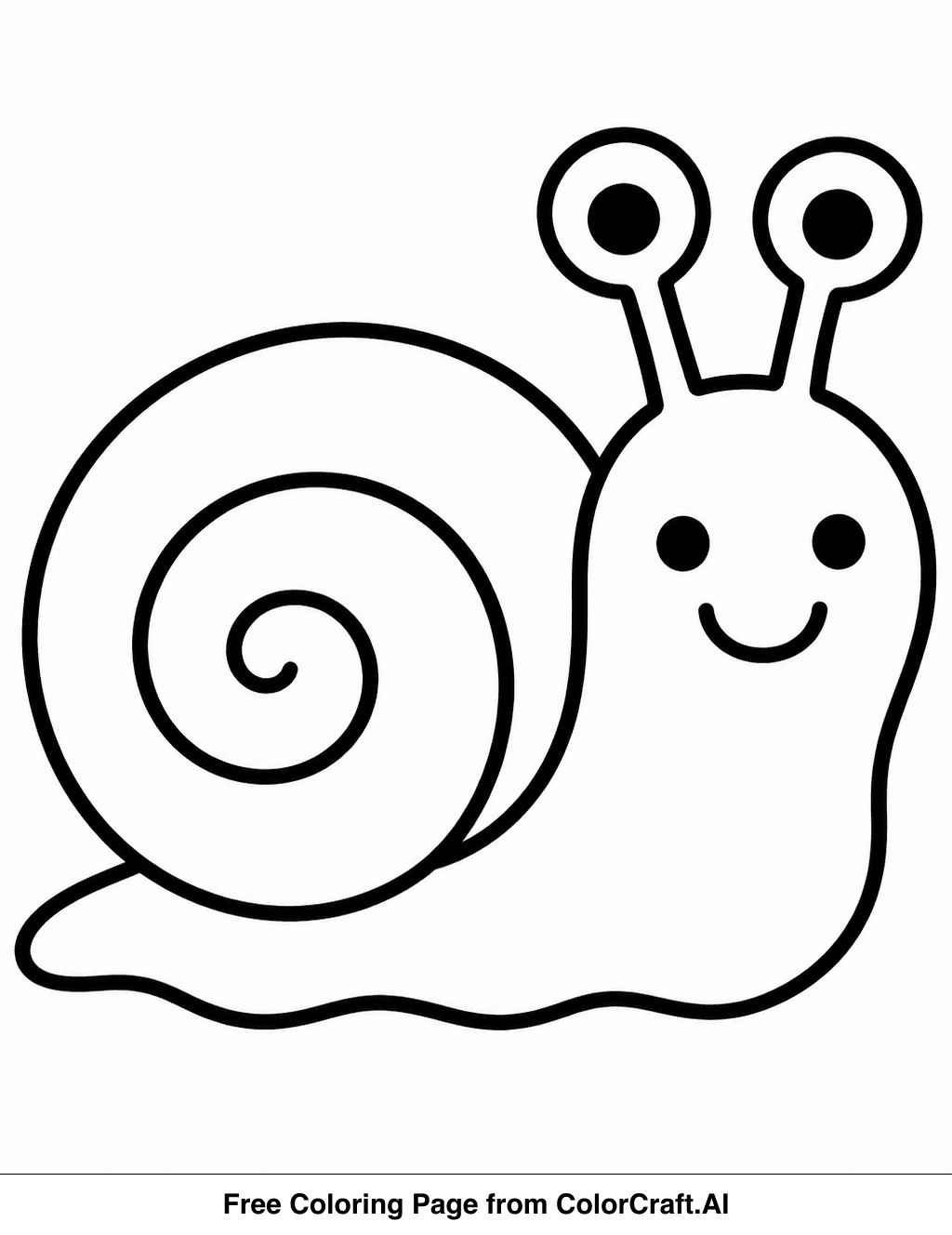 Line drawing of a happy snail with a shell on a leaf, ready for coloring.
