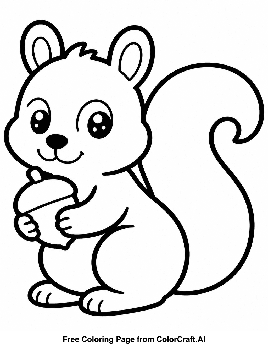 Line drawing of a cute squirrel holding acorns, perfect for a printable coloring page.