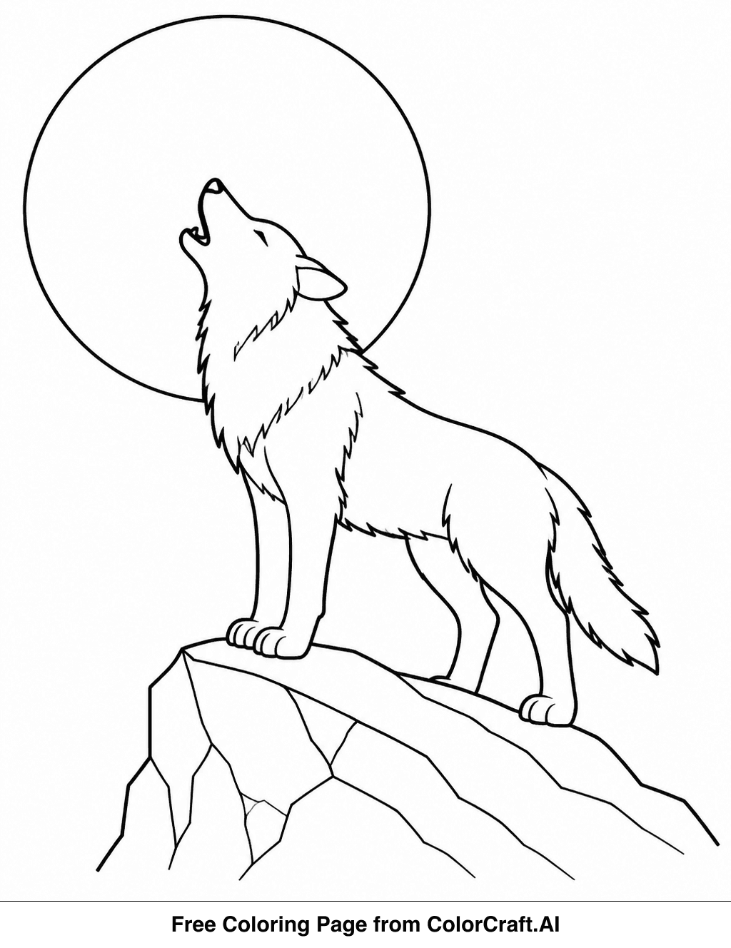 Line drawing of a wolf howling at a large full moon with stars in the background.