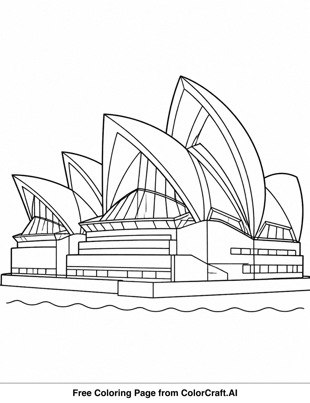 Line drawing of a detailed opera house facade with ornate architectural elements, ready for coloring.