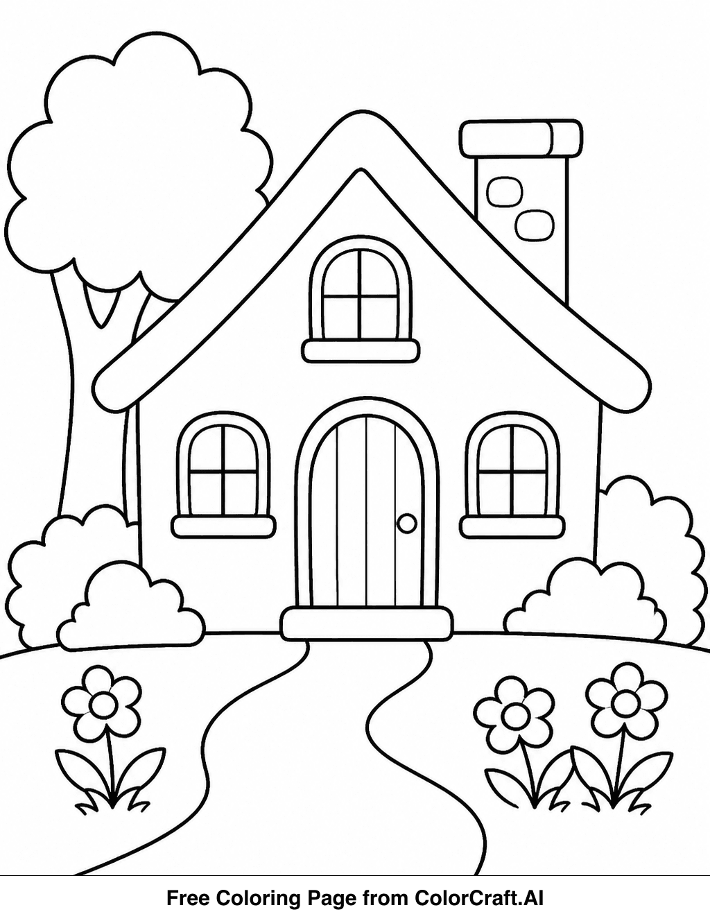 Simple line drawing of a quaint cottage home with a chimney and a door.