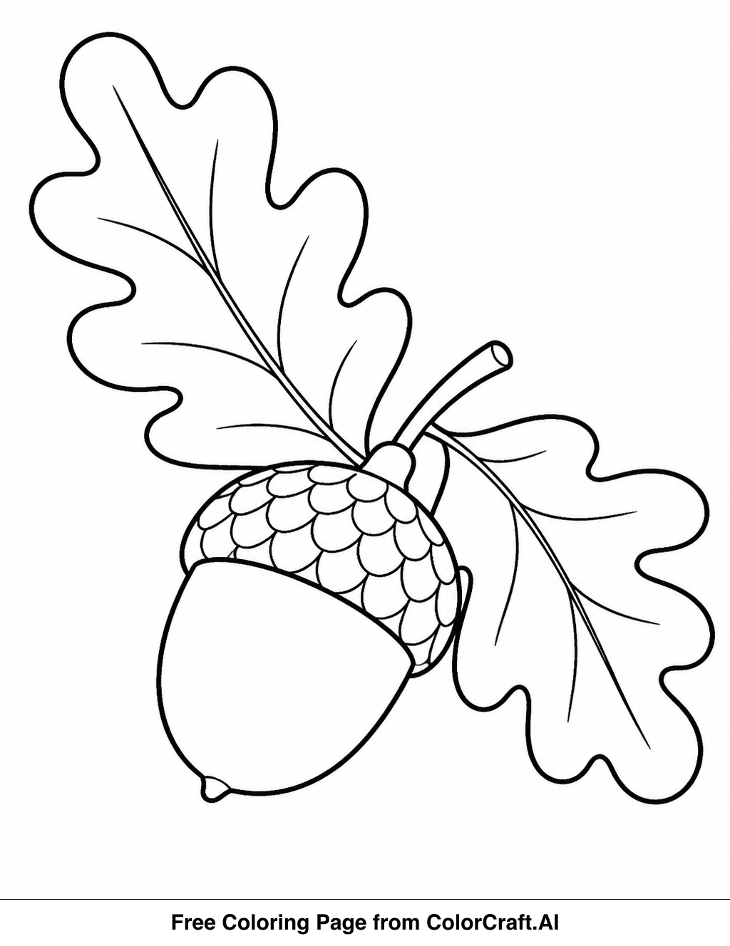 Line drawing of acorns and oak leaves, a simple natural scene for coloring fun.