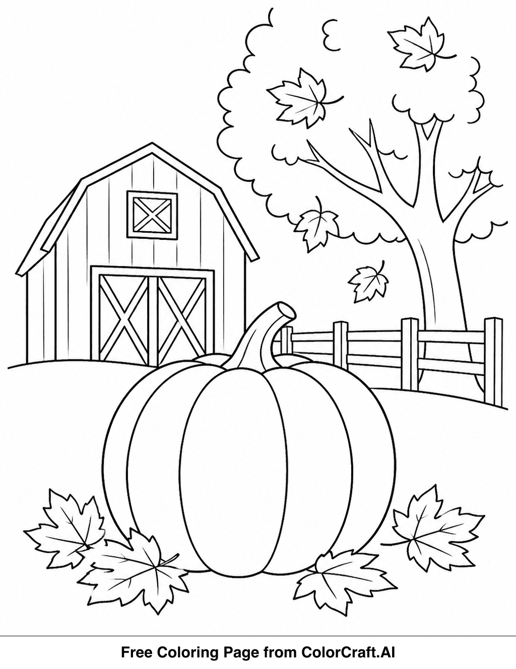 Line drawing of a farm scene with pumpkins, hay bales, a barn, and autumn foliage for coloring.