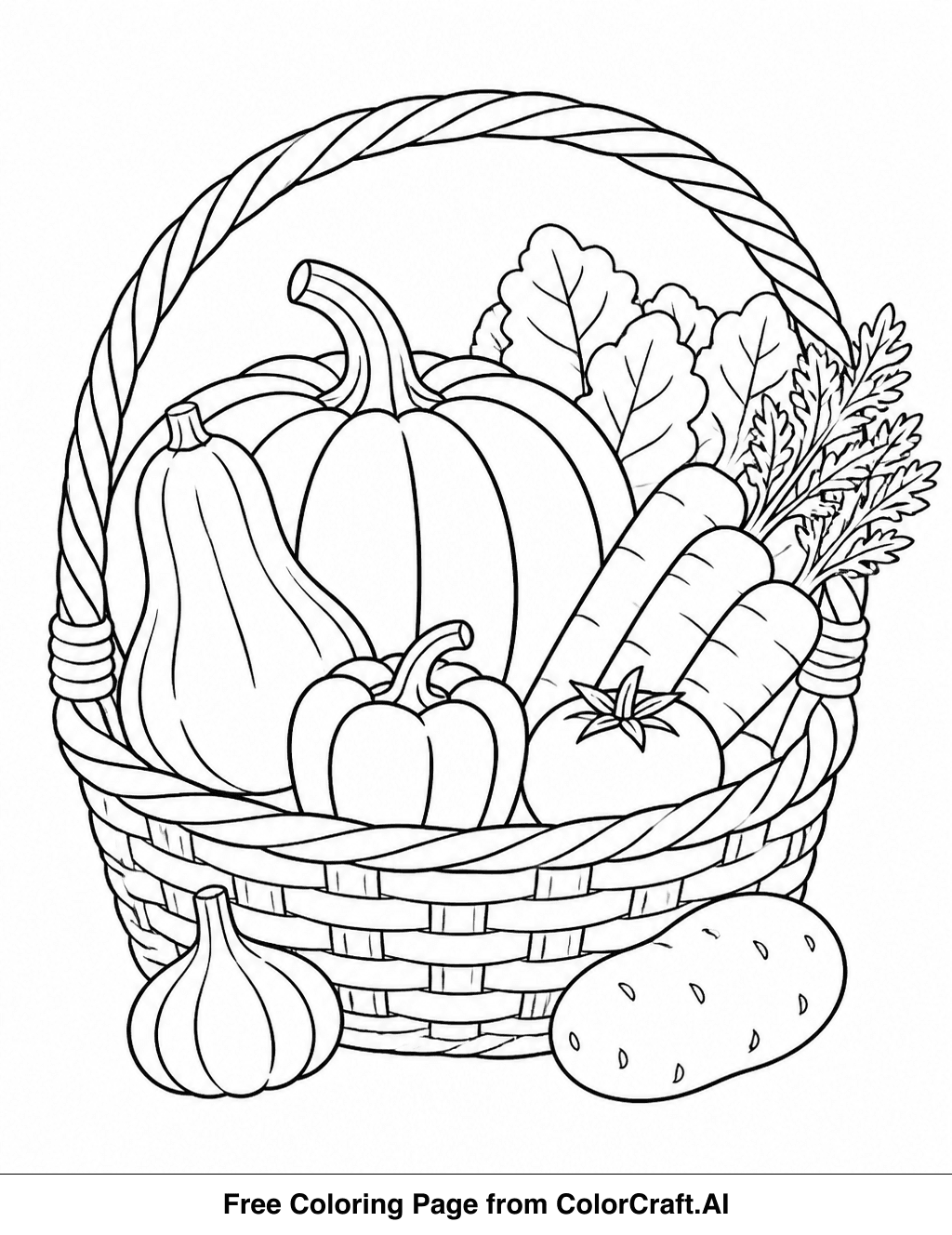 Line drawing of a basket overflowing with autumn vegetables like pumpkins and gourds.