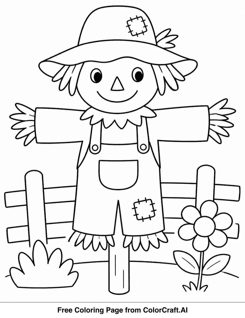 Line drawing of a smiling scarecrow wearing a hat and holding a pumpkin, standing in a field.