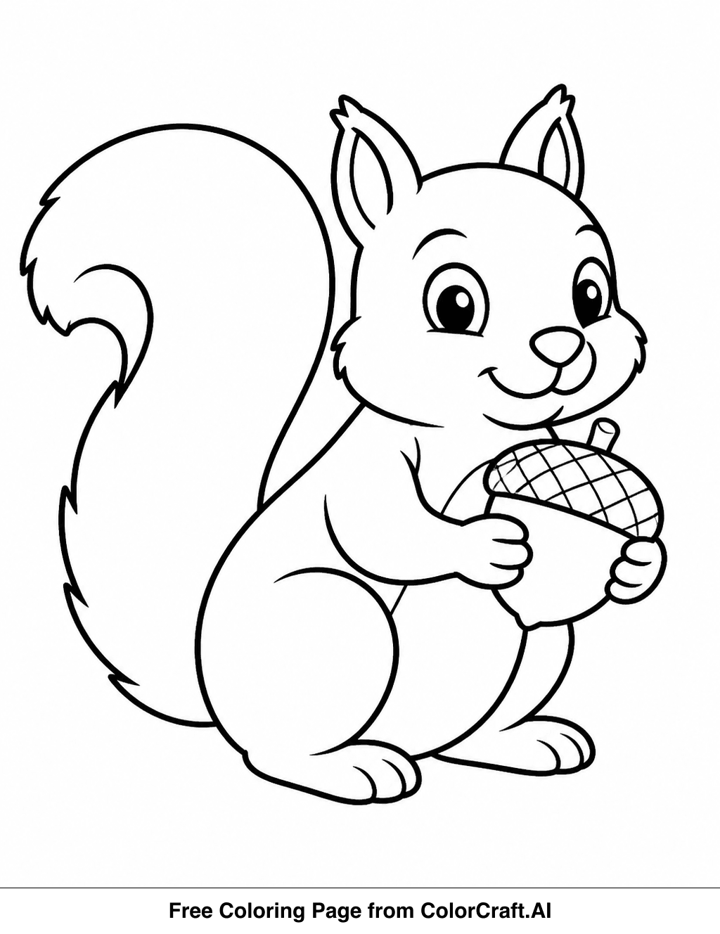 Line drawing of a happy squirrel holding a large acorn, designed for easy coloring.