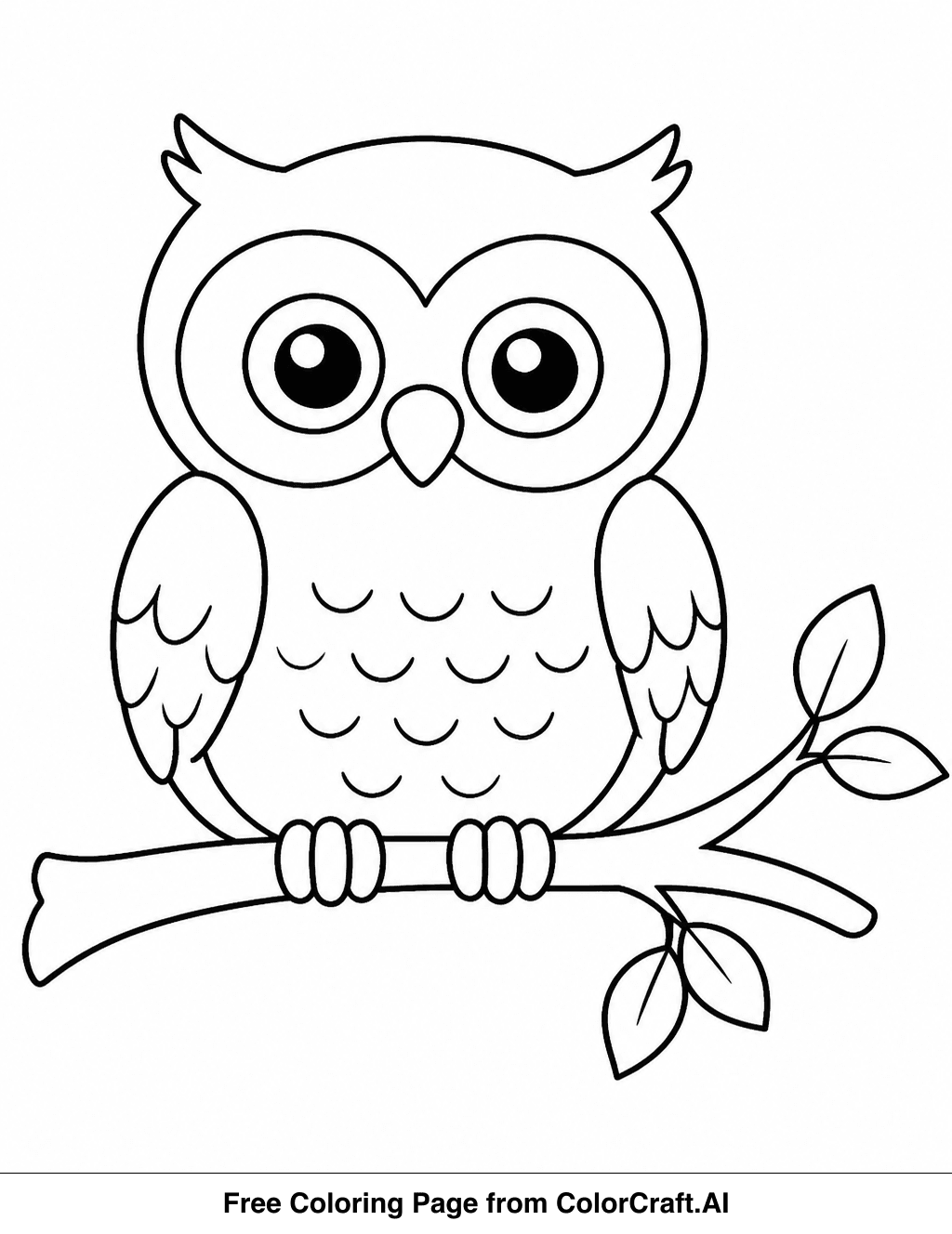 Line drawing of a cute, simple owl perched on a branch, perfect for a printable coloring page.