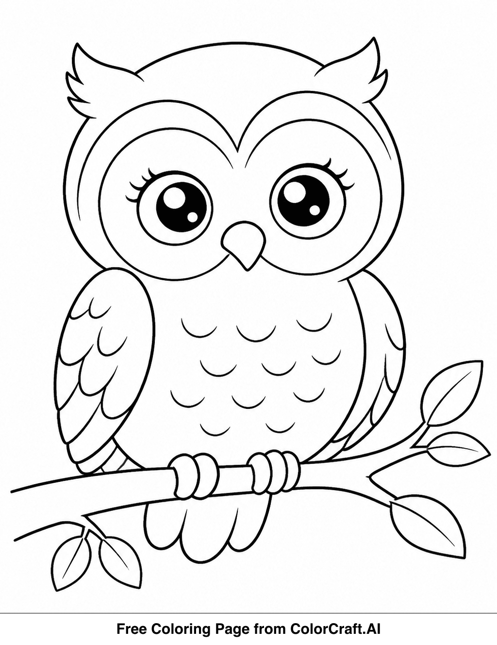 Line drawing of a cute, fluffy owl with large eyes sitting on a textured tree branch.