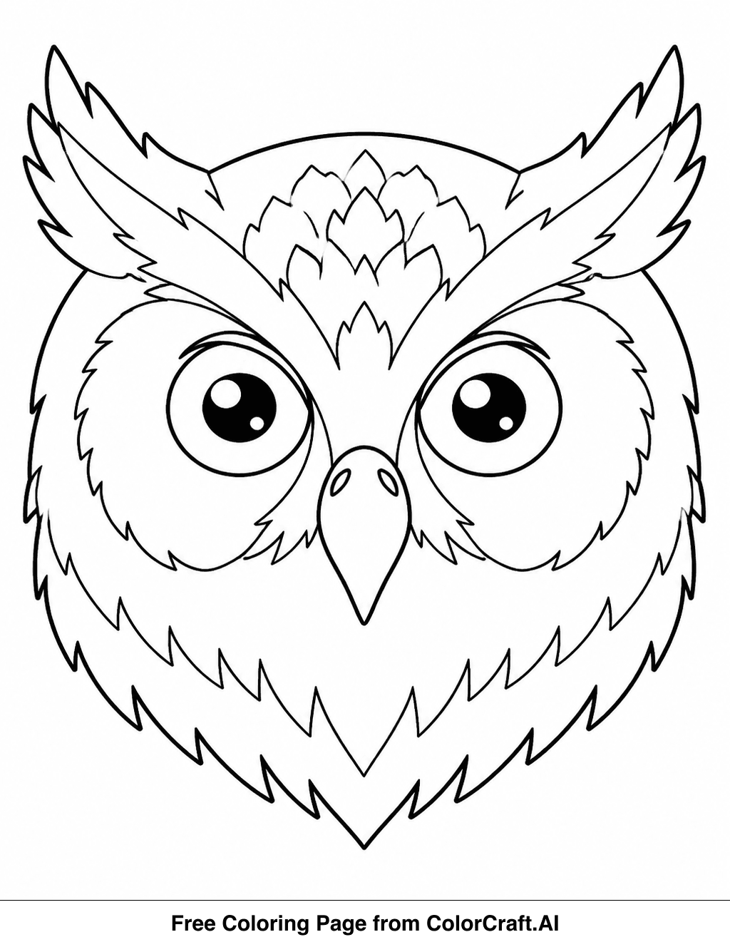 Line drawing of a cute owl face with big eyes and a small beak, perfect for coloring.
