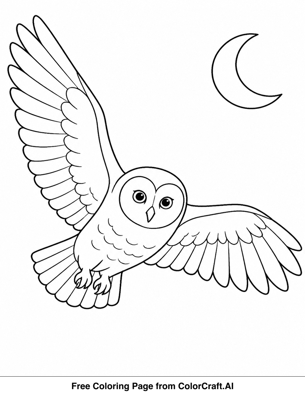 Line drawing of a large owl in mid-flight, wings outstretched, against a background of stars.