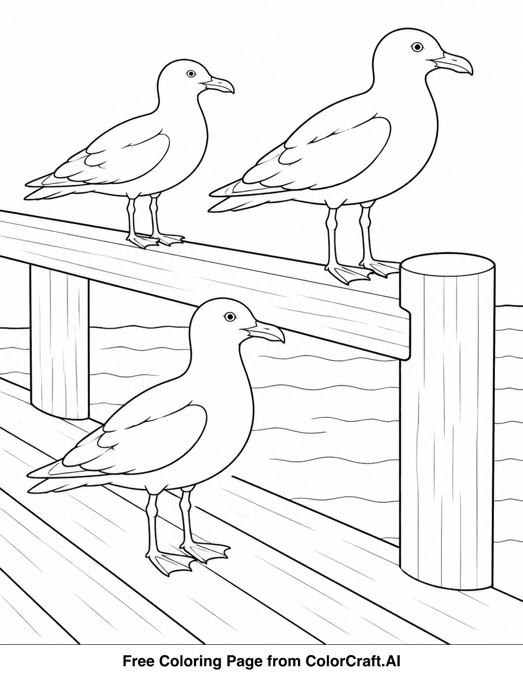 Line drawing of several seagulls standing on a wooden pier by the water.