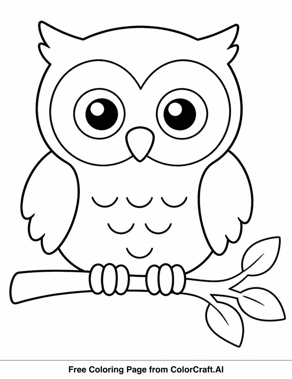 Line drawing of a cute, simple owl sitting on a tree branch, perfect for coloring.