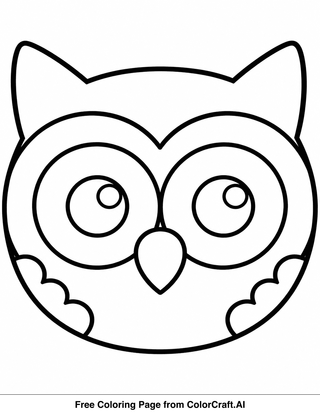 Line drawing of a simple owl face with large round eyes and a small beak, ready to be colored.