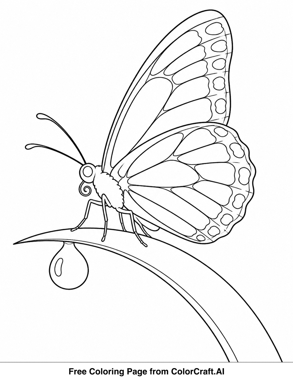 Line drawing of a butterfly perched on a leaf with a single dewdrop on the leaf.