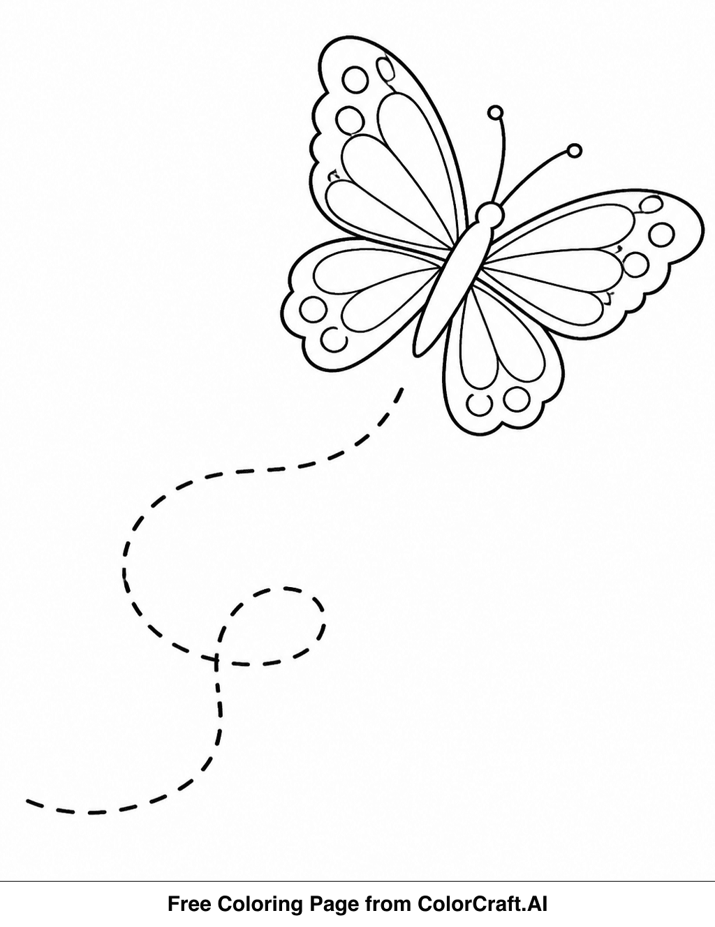 Line drawing of a butterfly in flight with a decorative, flowing trail behind its wings.