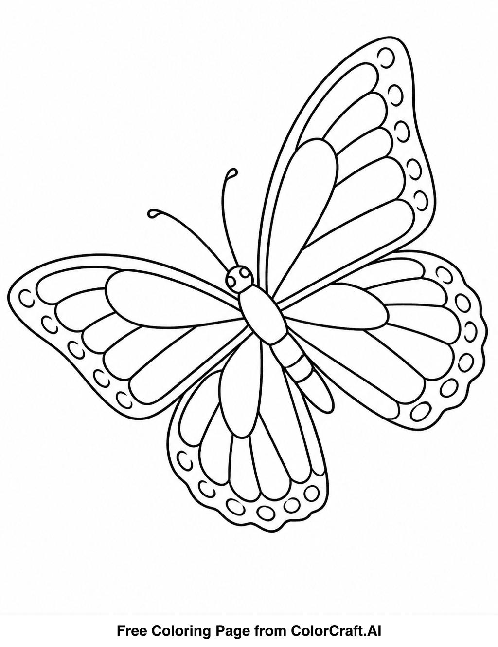 Line drawing of a butterfly with large, patterned wings in flight, ready for coloring.